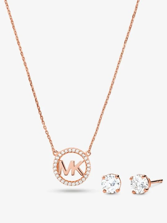 Zdjęcie produktu Zestaw z naszyjnikiem z zawieszką z logo w stylu pavé i kolczykami sztyftami powlekanymi różowym złotem Michael Kors