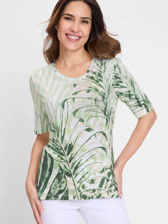 Zdjęcie produktu Zielona bawełniana bluzka damska Hannah z roślinnym wzorem – Voyage Tropical Olsen