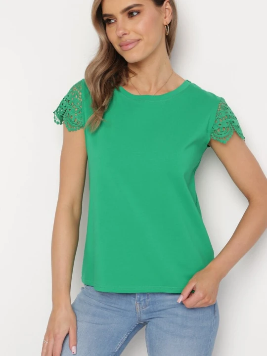 Zdjęcie produktu Zielona Bawełniana Bluzka z Krótkim Rękawem Cekinami i Koronką Messal Fashion
