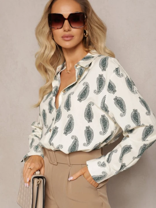 Zdjęcie produktu Beżowo-Zielona Bawełniana Koszula z Drobnym Wzorem Paisley Kaisleigh Rosa