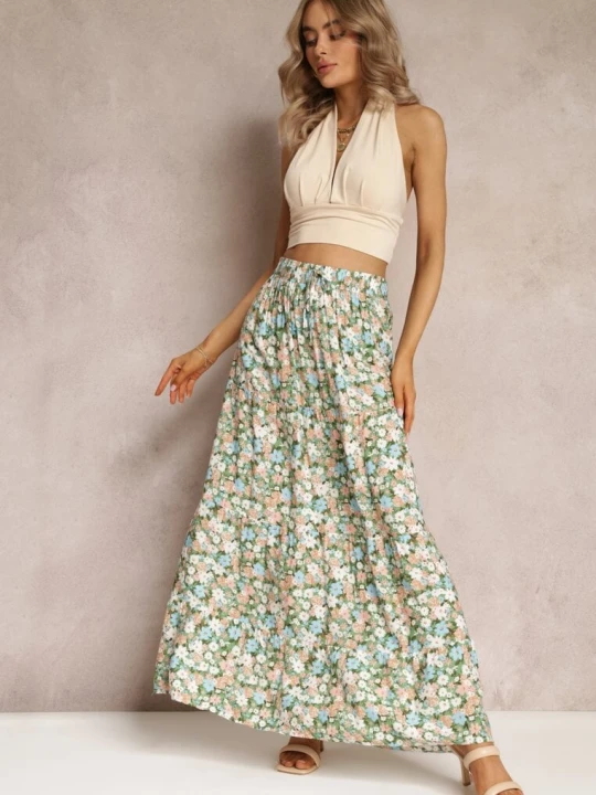 Zdjęcie produktu Zielona Bawełniana Spódnica Maxi z Troczkiem i Printem w Kwiaty Yibji Rosa