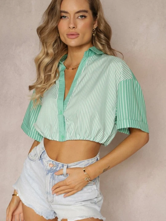 Zdjęcie produktu Zielona Bluzka Krótka w Stylu Retro na Guziki Ozdobiona Paskami Fito J&x