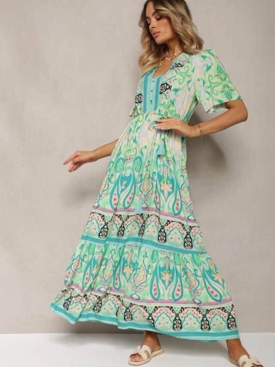 Zdjęcie produktu Zielona Boho Sukienka z Wiskozy z Ozdobnymi Guzikami i Cienkim Paskiem w Talii Dimosia Rosse Line
