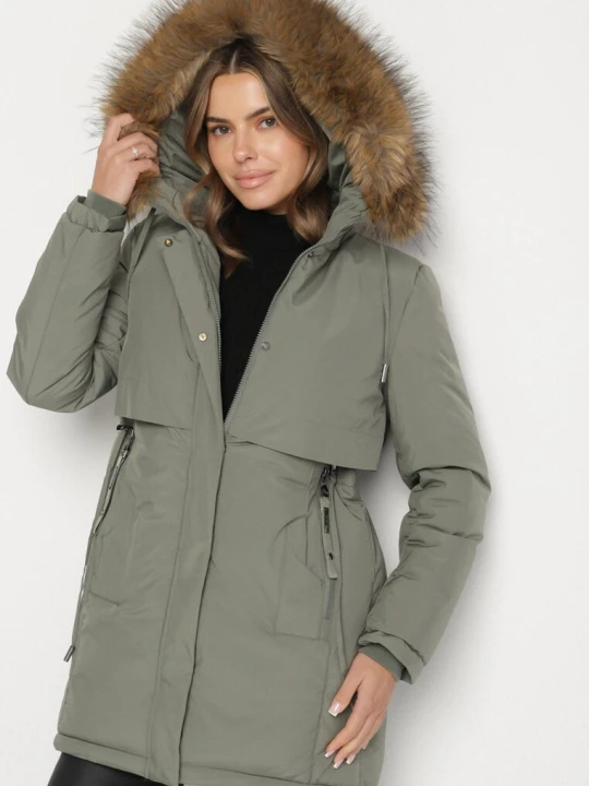 Zdjęcie produktu Zielona Casualowa Kurtka Parka z Kapturem z Futerkiem Nallorea Swest