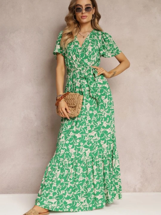 Zdjęcie produktu Zielona Długa Sukienka w Kwiaty z Gumką w Talii z Wiskozy Lydiza M&d Fashion