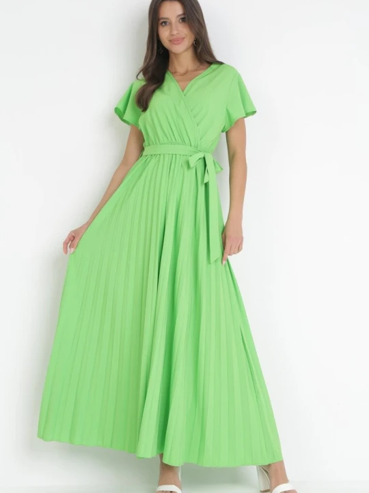 Zdjęcie produktu Zielona Elegancka Sukienka Maxi w Plisy z Kopertowym Dekoltem i Wiązaniem Thessi Cflo