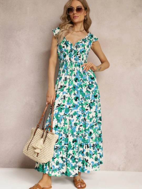 Zdjęcie produktu Zielona Kopertowa Sukienka Maxi w Kwiaty z Gumką w Pasie z Wiskozy Marielys Rosa