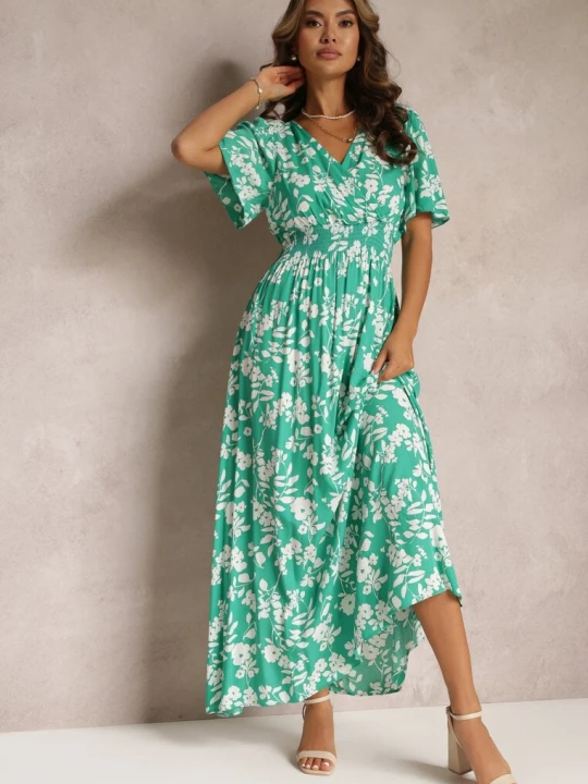 Zdjęcie produktu Zielona Kopertowa Sukienka Maxi z Gumką w Pasie i Wiązaniem na Plecach Dangela M&d Fashion