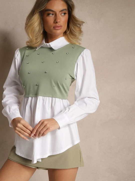 Zdjęcie produktu Zielona Koszulowa Bluzka z Wiskozą o Rozkloszowanym Kroju z Wszytą Kamizelką Uliadorella Pretty