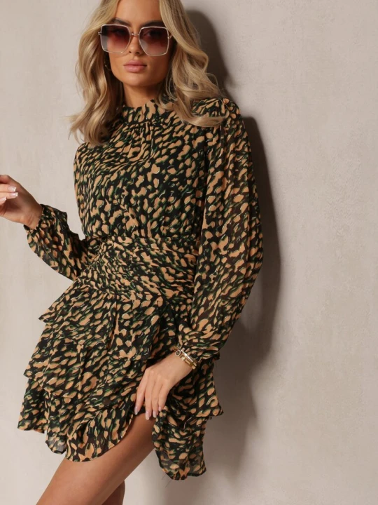 Zdjęcie produktu Beżowo-Zielona Mini Sukienka o Rozkloszowanym Fasonie Ozdobiona Brokatem Giannes Retro & Icone