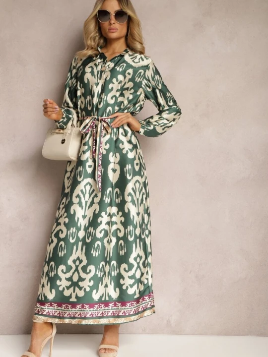 Zdjęcie produktu Zielona Pudełkowa Sukienka Satynowa z Paskiem w Talii w Ornamentalny Print Tarosa M&d Fashion