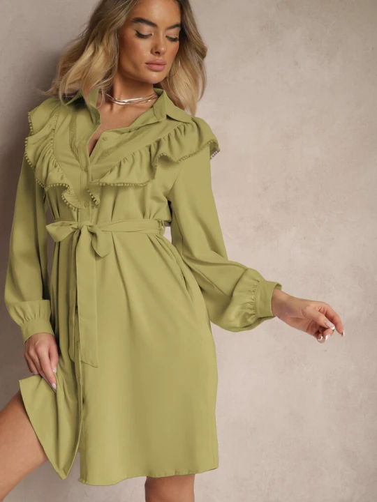 Zdjęcie produktu Zielona Rozkloszowana Sukienka Koszulowa z Falbankami i Koronką Naik Unigirl