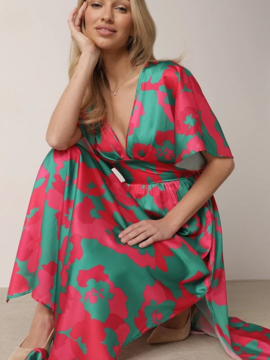 Zdjęcie produktu Zielona Rozkloszowana Sukienka Maxi w Kwiaty Olvera Retro & Icone