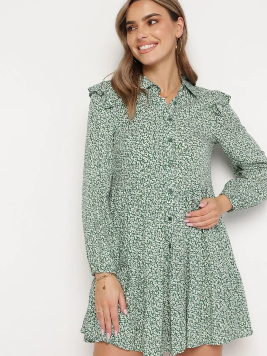 Zdjęcie produktu Zielona Rozkloszowana Sukienka Mini w Kwiaty z Falbankami na Ramionach Lorean R&f Fashion