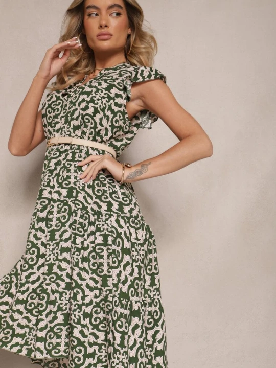 Zdjęcie produktu Zielona Rozkloszowana Sukienka z Bawełny w Ornamentalny Print Zalirita Defox