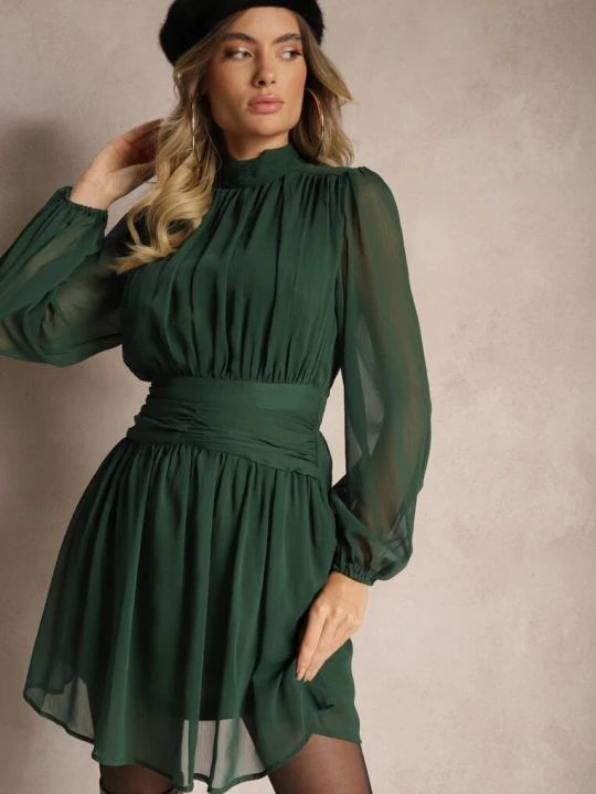Zdjęcie produktu Zielona Rozkloszowana Sukienka z Półprzeźroczystymi Wstawkami i Stójką Gelabine Retro & Icone