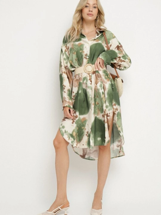 Zdjęcie produktu Zielona Sukienka Koszulowa Oversize z Wiskozy w Abstrakcyjny Wzór Gonania Maja Studio