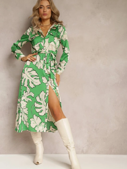 Zdjęcie produktu Zielona Sukienka Koszulowa z Wiązanym Paskiem Rume Retro & Icone