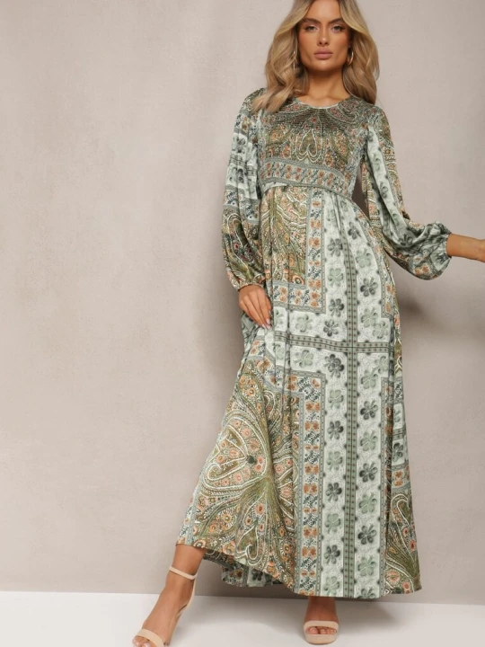 Zdjęcie produktu Zielona Sukienka Maxi Boho z Bufiastym Rękawem i Rozkloszowanym Dołem Veltiana Unigirl