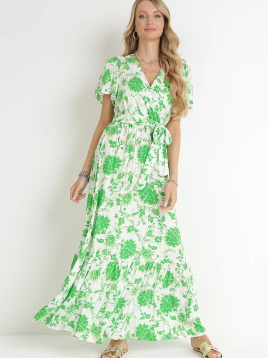 Zdjęcie produktu Zielona Sukienka Maxi z Gumką i Wiązaniem w Talii z Wiskozy Aspasia M&d Fashion