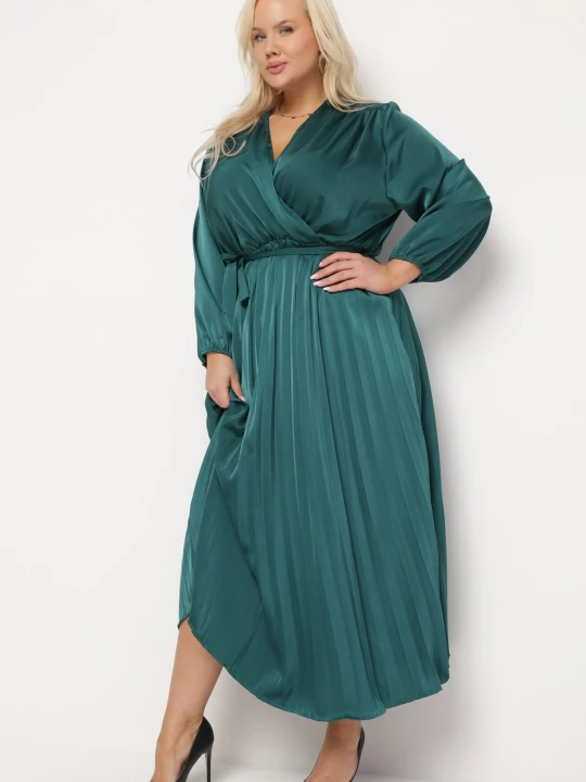 Zdjęcie produktu Zielona Sukienka Maxi z Gumką w Pasie i Kopertowym Dekolcie Bertrama Christy