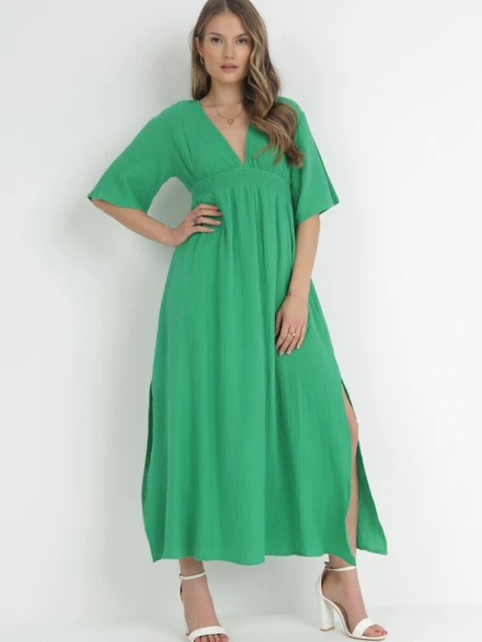 Zdjęcie produktu Zielona Sukienka Maxi z Gumką w Pasie i Wiązaniem na Karku Titaphine Retro & Icone