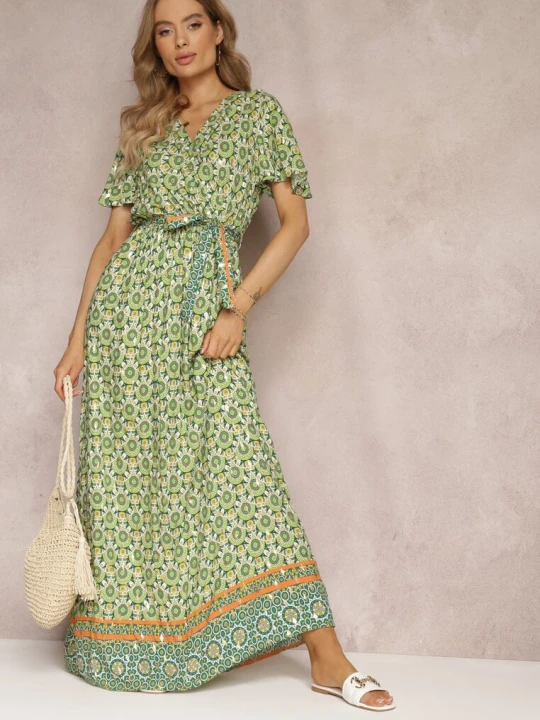 Zdjęcie produktu Zielona Sukienka Maxi z Paskiem i Gumką w Talii w Ornamentalny Wzór Calvim Cflo