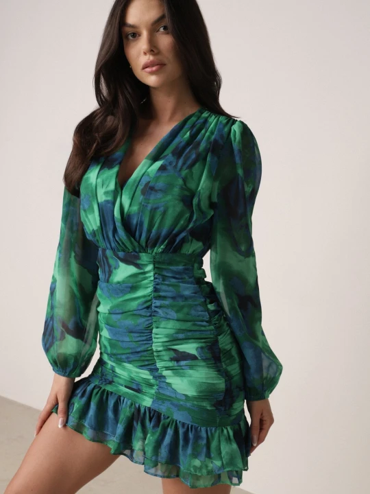 Zdjęcie produktu Zielona Sukienka Mini z Drapowanym Dołem Falbanką i Kopertowym Dekoltem Elissea Retro & Icone