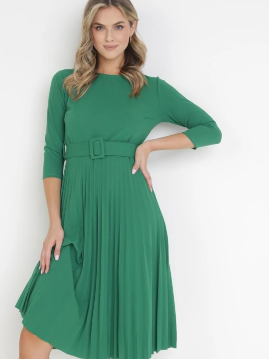 Zdjęcie produktu Zielona Sukienka Plisowana z Paskiem Gonge New Collection