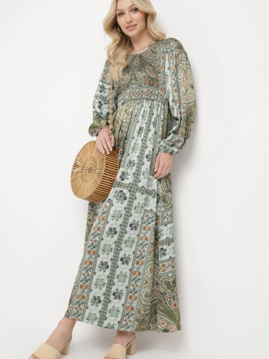 Zdjęcie produktu Zielona Sukienka w Stylu Boho z Rozkloszowanym Dołem i Bufiastymi Rękawami Ertiana Unigirl