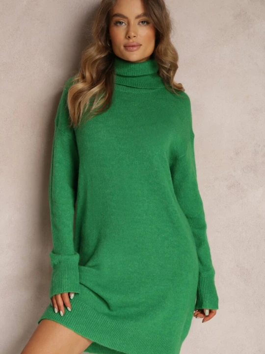 Zdjęcie produktu Zielona Sukienka Wełniana Oversize z Golfem Revite By Swan