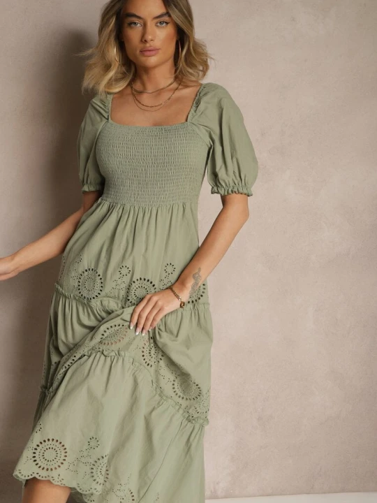 Zdjęcie produktu Zielona Sukienka z Bawełny Ozdobiona Haftem Iffirina Rosa