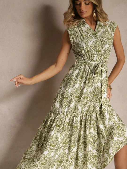 Zdjęcie produktu Zielona Sukienka z Wiskozy Bez Rękawów z Paskiem z Wiązaniem Filanesse M&d Fashion