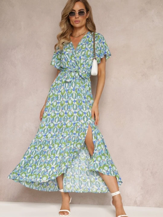 Zdjęcie produktu Zielona Sukienka z Wiskozy i Kopertowym Dekoltem w Fantazyjny Print Abai Cflo