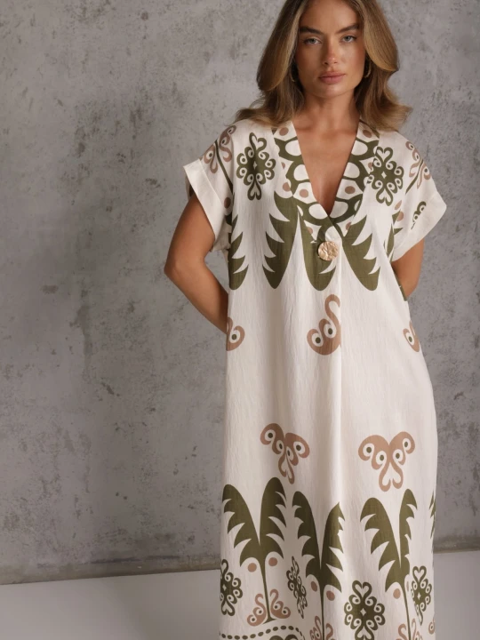 Zdjęcie produktu Zielona Sukienka z Wiskozy Oversize z Etnicznym Printem Caliara Rosita