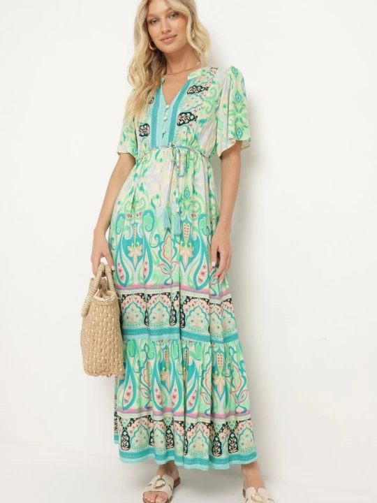 Zdjęcie produktu Zielona Wiskozowa Sukienka Boho Zapinana na Guziki z Materiałowym Paskiem w Talii Dimovana Rosse Line