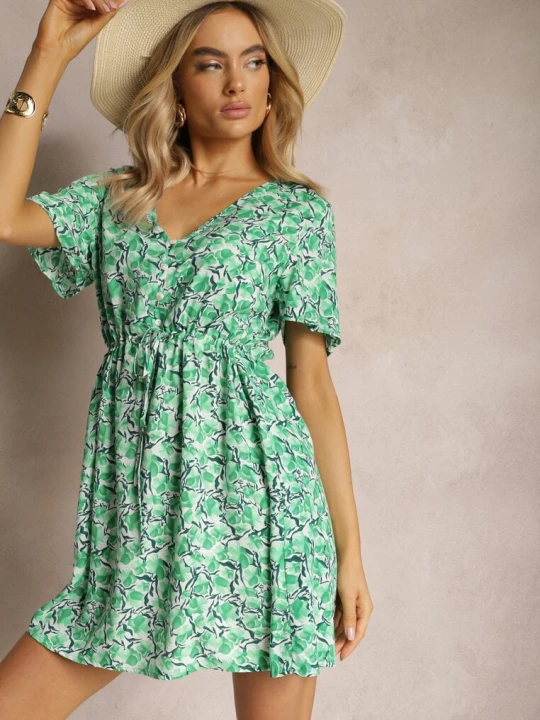 Zdjęcie produktu Zielona Wiskozowa Sukienka ze Sznureczkiem w Talii z Krótkimi Rękawami i Mozaikowym Printem Travei Melya By Melody