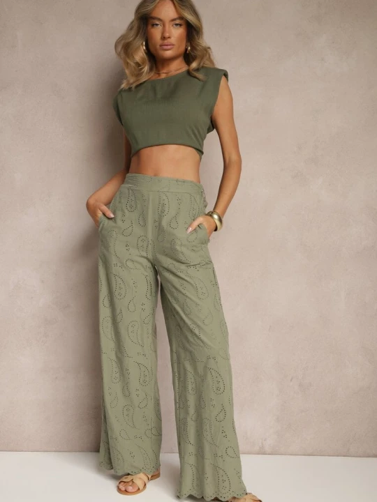 Zdjęcie produktu Zielone Bawełniane Haftowane Spodnie High Waist o Szerokim Kroju Milirelia Rosa