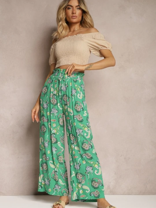 Zdjęcie produktu Zielone Bawełniane Spodnie Boho w Stylu Palazzo z Gumką w Pasie i Wysokim Stanem Pravia Airisa