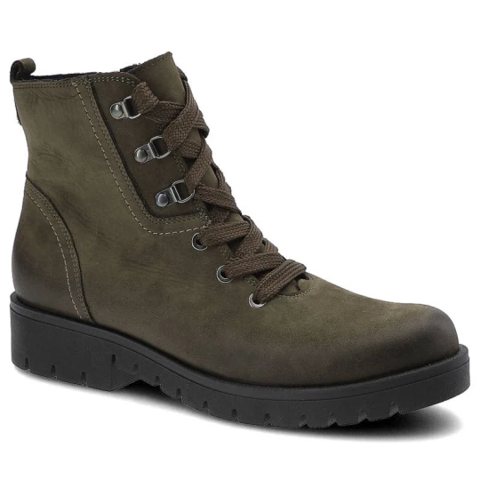 Zdjęcie produktu Botki damskie Gamis, skóra naturalna sznurowane i na antypoślizgowej podeszwie, khaki, 3524-K7 zielony