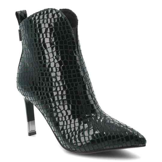 Zdjęcie produktu Botki damskie S. Barski, eleganckie skórzane we wzorki i na szpilce z noskiem w szpic, zielone, CR52-705