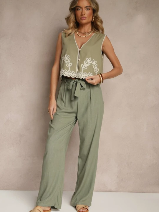 Zdjęcie produktu Zielone Klasyczne Spodnie High Waist z Lnu i Bawełny Wiązane w Talii Linelira Melya By Melody