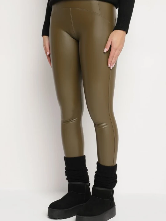Zdjęcie produktu Zielone Legginsy z Ekoskóry z Wysokim Stanem i Polarem Labrine Defox