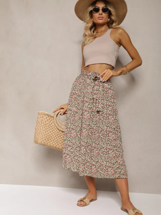 Zdjęcie produktu Zielono-Różowe Plisowane Spodnie Szwedy High Waist z Materiałowym Paskiem i Gumką w Talii Isefia Airisa