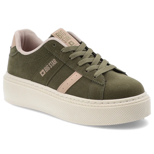 Zdjęcie produktu Sneakersy damskie Big Star, ze skóry ekologicznej na platformie z okrągłym noskiem sznurowane, khaki, SS274349 zielony