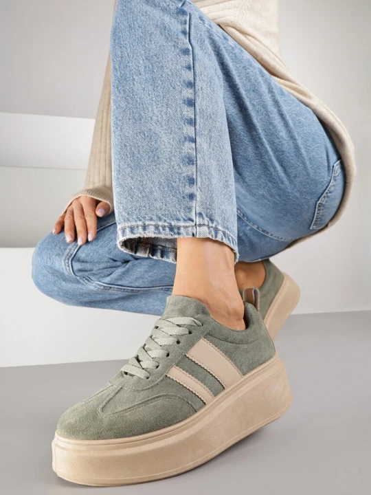 Zdjęcie produktu Zielone Sneakersy Klasyczne Tenisówki na Grubej Podeszwie z Koturnem Adessia Ideal