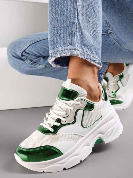 Zdjęcie produktu Biało-Zielone Sneakersy na Grubej Podeszwie ze Wstawkami z Perforacją Lanya