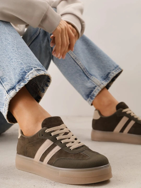 Zdjęcie produktu Zielone Sneakersy na Platformie w Stylu Tenisówek Ozdobione Paskami Ladia Ideal