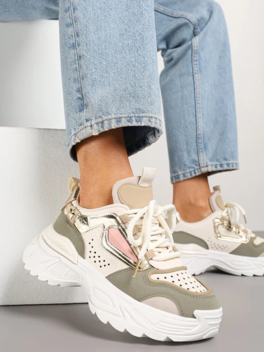 Zdjęcie produktu Beżowo-Zielone Sneakersy na Podeszwie z Tłoczeniami w Streetwearowym Stylu Vaniffia Seastar