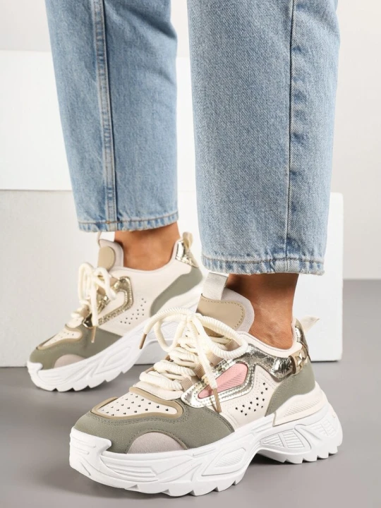 Zdjęcie produktu Beżowo-Zielone Sneakersy Streetwearowe na Grubej Podeszwie Waniffia Seastar
